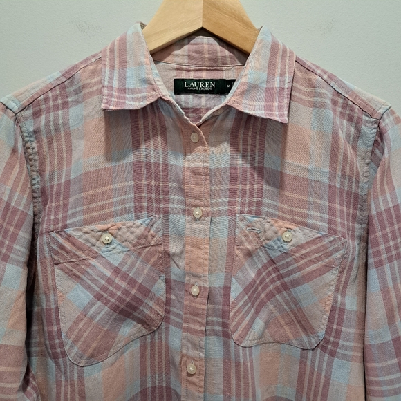LRL Pastel Plaid Linen Button-Up Classic Coastal Cottage Preppy Shirt Womens M - Picture 4 of 14